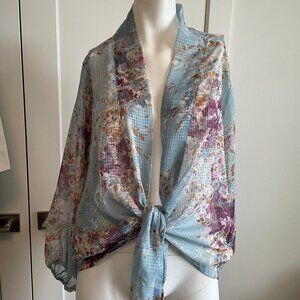 Lovestitch LS Sheer Tunic Length Open Front Tie Floral Kimono Style Top Blue S